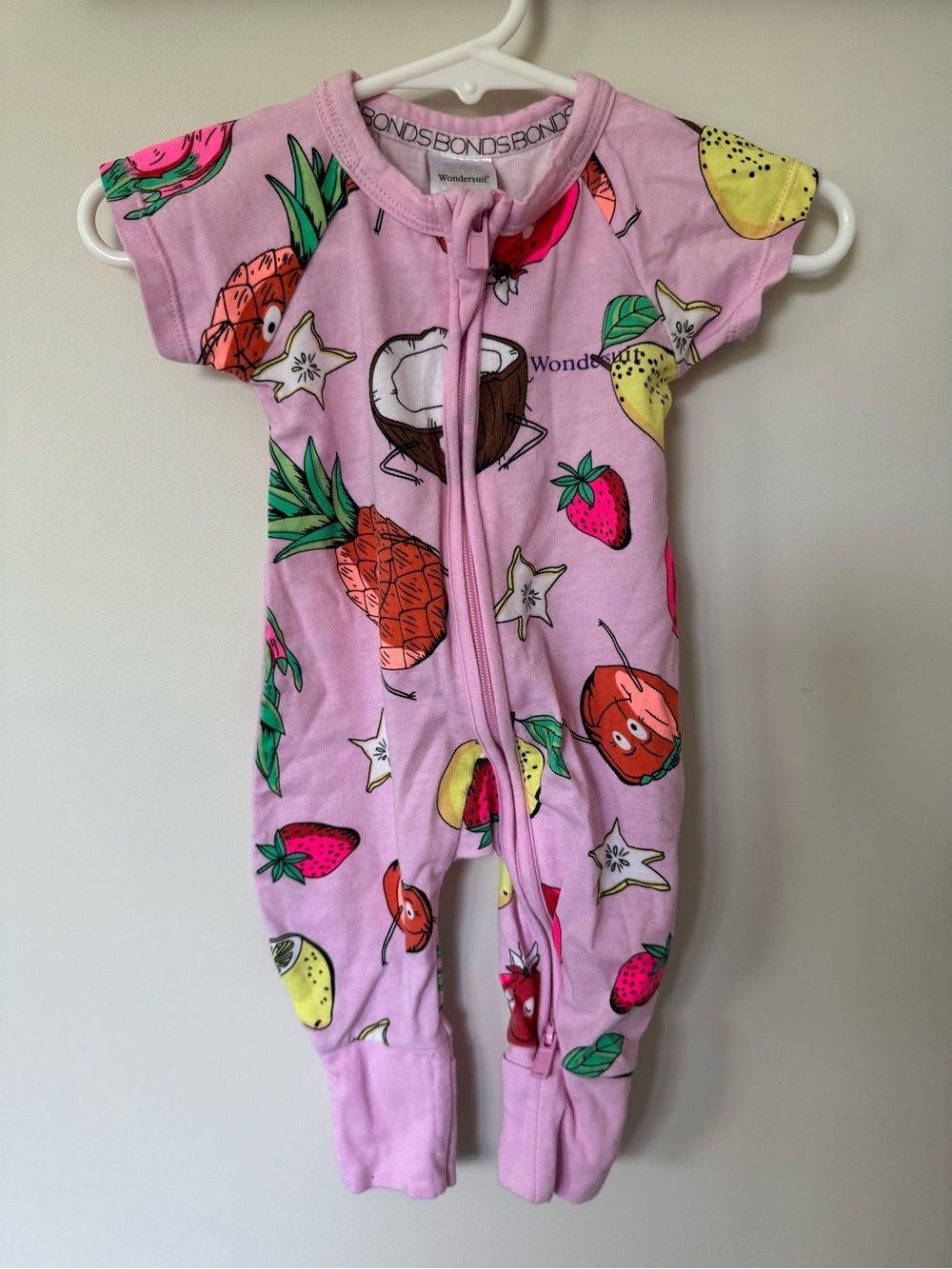 Bonds Pink Fruit Print Baby Wondersuit One-Piece Short Sleeve Romper size NB